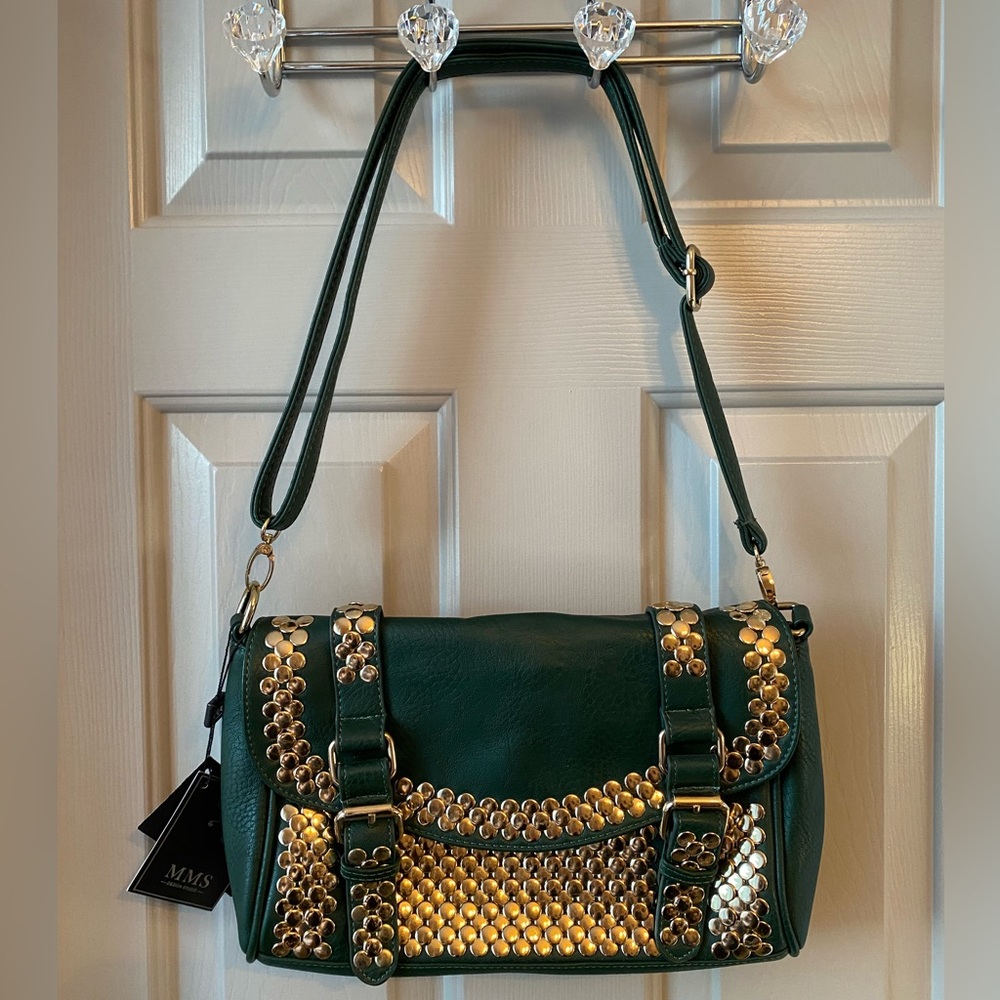 NWT MMS Design Studio Gold Studded Forest Green Vegan Leather Satchel Handbag